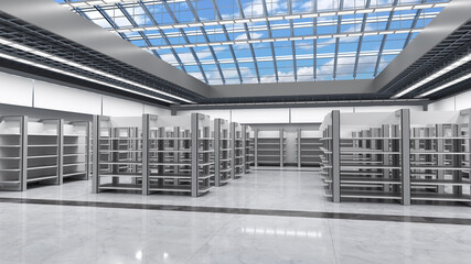 Supermarket interior mockup with empty gondola display racks and clear roof overlooking the blue cloudy sky. 3d illustration
