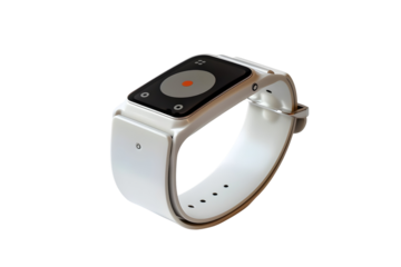 AI Image Depicting a futuristic, sleek silver smartwatch on a stark black background with a touch