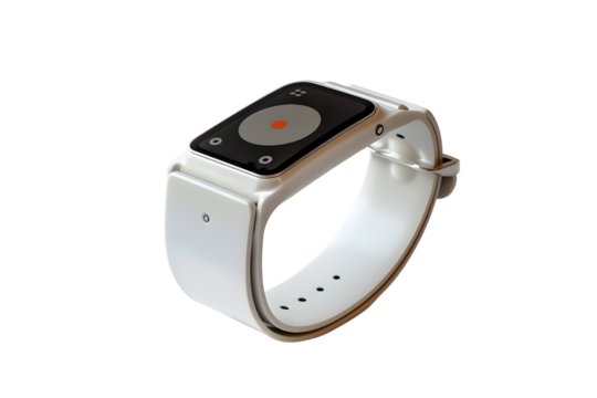 AI Image Depicting a futuristic, sleek silver smartwatch on a stark black background with a touch