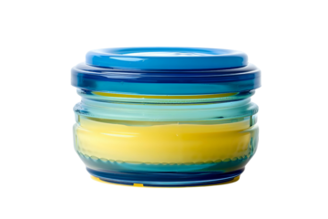 AI Image: Captivating Blue and Yellow Glass Jar with Lid on a Dark Background, Mesmerizing Visual