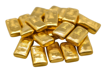 AI Image: Stack of glistening golden bars representing wealth and prosperity, casting reflections