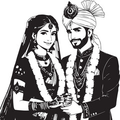 Traditional Indian wedding couple illustration in elegant cultural attire design