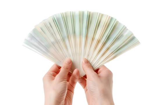 AI Image Composition of hands holding a fan-like stack of papers against a dark backdrop