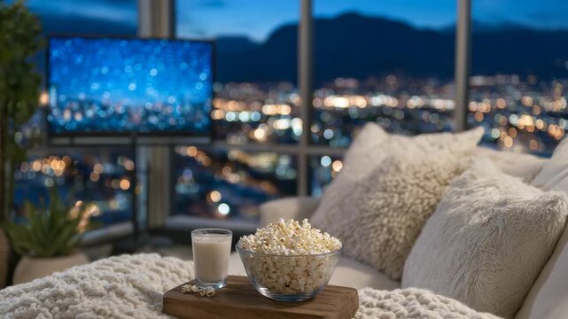 Cozy living room setup with drinks, popcorn, and plush decor, featuring a glowing TV screen displaying a vibrant cinematic scene.