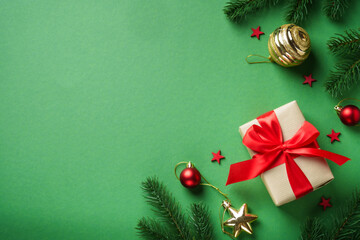 Christmas flat lay background on green.