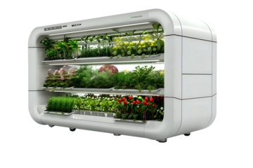 AI Image: Futuristic indoor garden featuring diverse crops in a sleek white modular structure