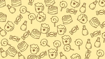 Doodle food background with hand drawn candy treats. Ideal for food blogs, party invitations, packaging design, and social media posts.