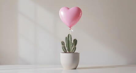 Green cactus in white pot with floating pink heart shaped balloon indoors