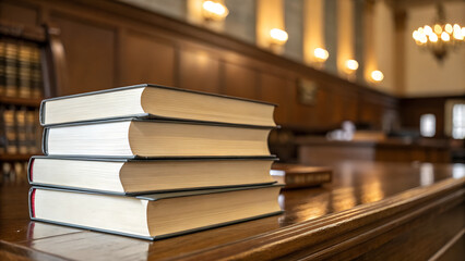 Stack of law books on wooden table inside courtroom interior with blurred background ideal for legal education justice system visuals and attorney office design concepts