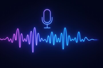Live streaming studio, on air audio. Graphic representation of a microphone and sound waves in vibrant colors.