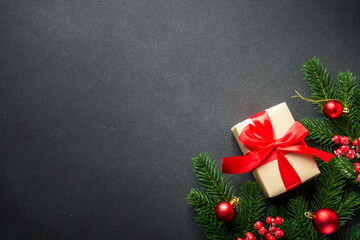 Christmas flat lay background with holiday decorations.