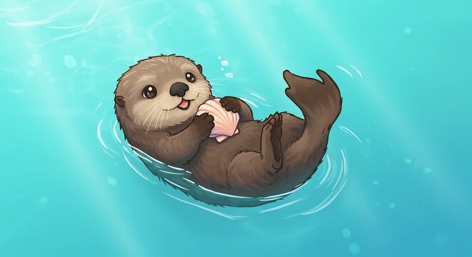 Loutre adorable nageant paisiblement eau turquoise lumiere douce. AI Generated