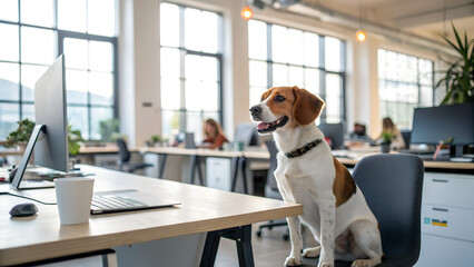 Beagle dog sitting on office chair in modern open workspace near computer symbolizing friendly workplace pet policy and creative environment ideal for lifestyle visuals