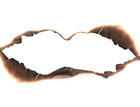 Real Burned Hole in white Paper middle PNG - Scorched Edges, Burnt Texture, Distressed Element, or Grungy Frame Overlay, Burnt paper hole, Burn in paper with brown edges and flame