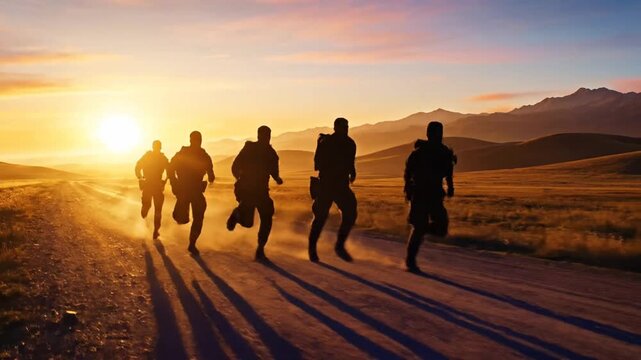 Military Squad on a Training Run Through Mountain Landscape at Dawn.