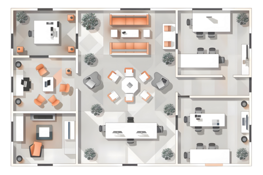 AI Image: Detailed architectural plan showcasing a modern office layout with various workspaces