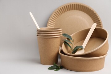 Set of disposable tableware and green leaves on light grey background, closeup. Space for text