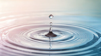 Macro photograph of single water drop falling into calm surface creating circular ripples and soft reflections symbolizing purity tranquility and balance in nature