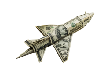 AI Image The ascent of money symbolized by a rocket made of dollar bills against a black