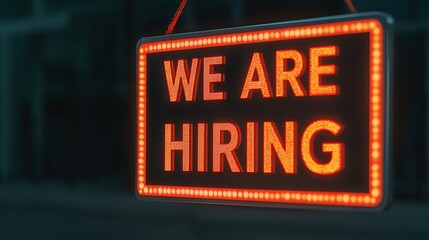 A vibrant neon sign displays "WE ARE HIRING," signaling job opportunities and attracting potential applicants to apply for open positions.