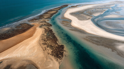Aerial view of coastal landscape with sandbars and turquoise water patterns