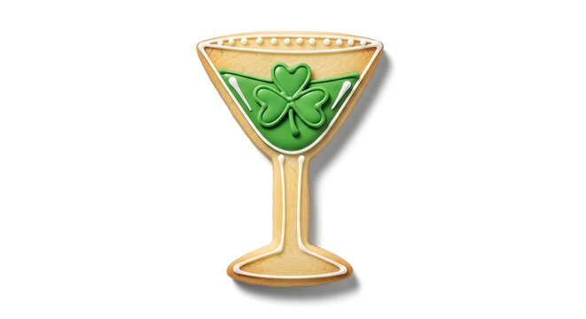 A glass-shaped pastry with a green cocktail and a shamrock symbol for St. Patrick's Day