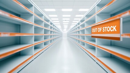 A long aisle of empty shelves with an "OUT OF STOCK" sign, conveying a feeling of scarcity and unavailability.