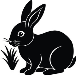 Black and white vector illustration of a cute cartoon rabbit silhouette for Easter design