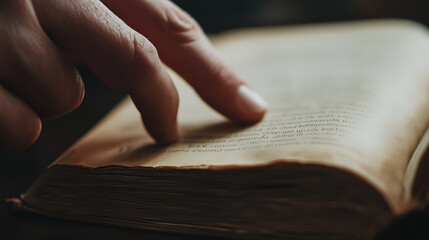 Engrossed in an old book. A finger guides the reader through text on aged parchment, whispering tales of times long past. Knowledge unfurls with every turn.