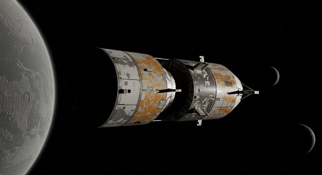 Vaisseau spatial approche lune nuit sombre �clairage dramatique voyage cosmique. AI Generated
