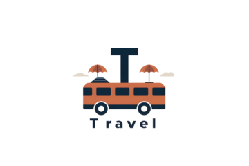 AI Image: Simplified Travel Icon Featuring a Stylized Bus with Umbrellas and Clouds on a Black