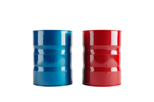 AI Image Two contrasting barrels one azure other ruby on stark black surface displaying sleekness