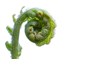 AI Image Vibrant unfurling fern frond against stark black backdrop in natural sunlight