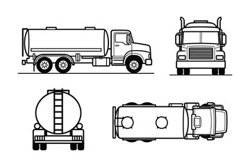 Vector Illustration Fuel Tanker Truck with Multiple Angle Views
