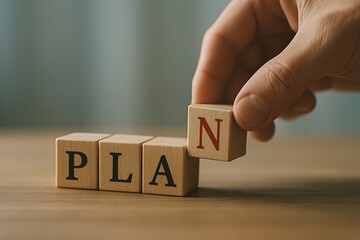 Naklejka premium Hand arranging wooden blocks to form the word PLAN on wooden surface