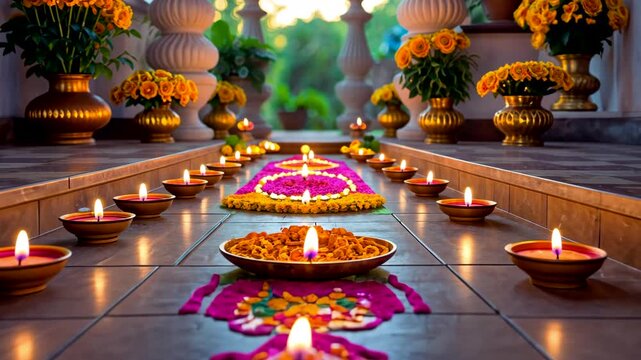 Beautiful Diwali Decoration with Colorful Rangoli Pattern and Lit Oil Lamps in Temple Courtyard