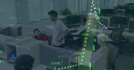 Collaborating professional group typing, discussing at cubicles open-plan office, with data overlay