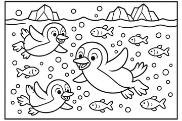 Obraz premium Swimming Penguins Scene. Penguins coloring page: penguins swimming underwater, bubbles and fish around, icebergs above, black and