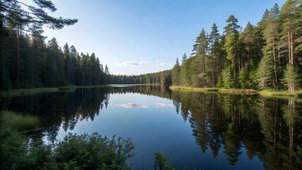 Fototapeta premium Peaceful forest lake surrounded by tall pine trees reflecting in calm water under clear blue sky perfect for nature travel backgrounds and relaxation themes