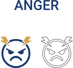 Anger Line art icons. Collection of meditation, stress management, anxiety, psychosis, depression, and more. Vector illustration. Easily changes to any color.