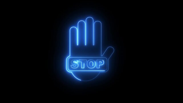glowing Neon Stop hand sign icon of hand palm. stop Sign & Prohibition Icon Set: Hand, Traffic Signals, Forbidden Actions, and Control Symbols for Road Safety, Technology, Stop gesture.