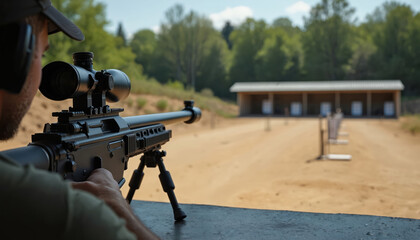 Shooter aims sniper rifle with optical scope on bipod. Person wears ear protection at outdoor firing range. Distant paper targets set for precision practice. Sunny day, green trees in background.
