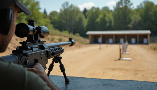 Shooter aims sniper rifle with optical scope on bipod. Person wears ear protection at outdoor firing range. Distant paper targets set for precision practice. Sunny day, green trees in background.
