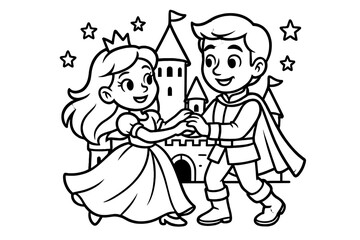 Dancing Royalty Coloring Page. Princess & Knights coloring page: prince and princess dancing, castle towers behind, stars above,