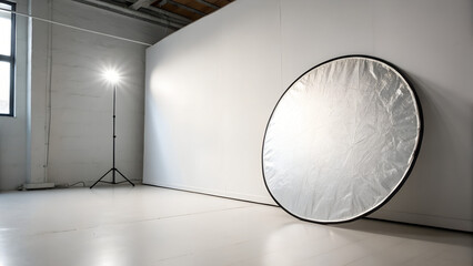 Large silver reflector leaning against white wall with spotlight in modern photo studio interior perfect for lighting equipment advertising and creative setup visuals