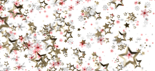 Festive abstract background featuring gold stars and red snowflakes against a white backdrop. Perfect for Christmas, New Year, holiday design, g