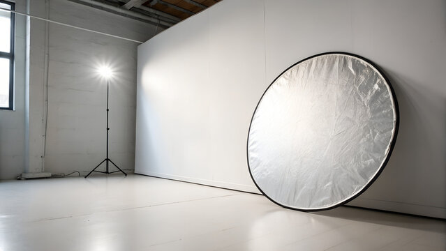 Large silver reflector leaning against white wall with spotlight in modern photo studio interior perfect for lighting equipment advertising and creative setup visuals