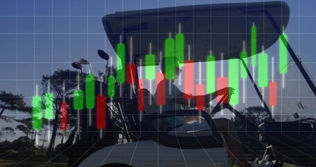 Driving male golfer steering golf cart on fairway, with golf clubs and stock chart overlay