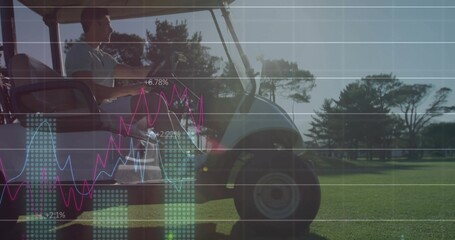 Driving golfer wearing polo shirt, shorts on fairway in golf cart, with data graphs and trees