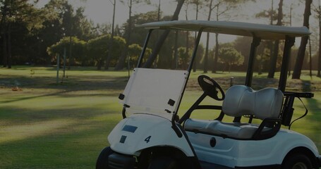Obraz premium Resting white golf cart with canopy casting shadows on pine fairway under sunlight, copy space